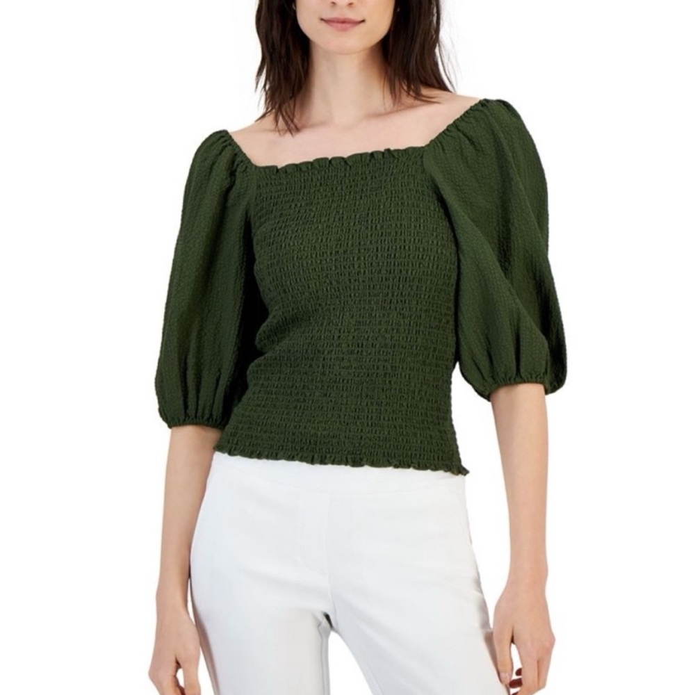 INC International Concepts Women Puff-Sleeve Smocked Blouse NWT